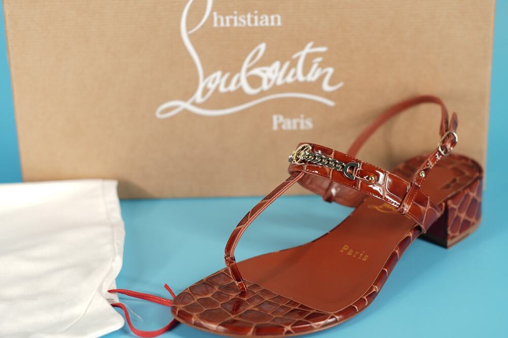 Christian Louboutin MJ Thong 25 Brown Croc Heel Sandal SZ 37 NIB $895